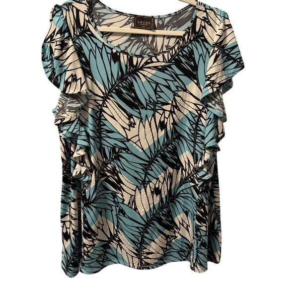 Amana blouse Womens Tropical Leaf Print Ruffle Sleeve Top  SZ 3X - Picture 1 of 12
